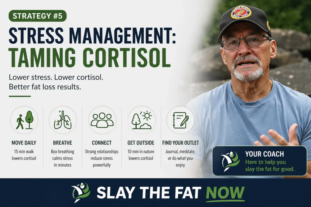 Stress Management for Fat Loss After 40 Stress management banner with fitness coach explaining how to reduce cortisol for better fat loss