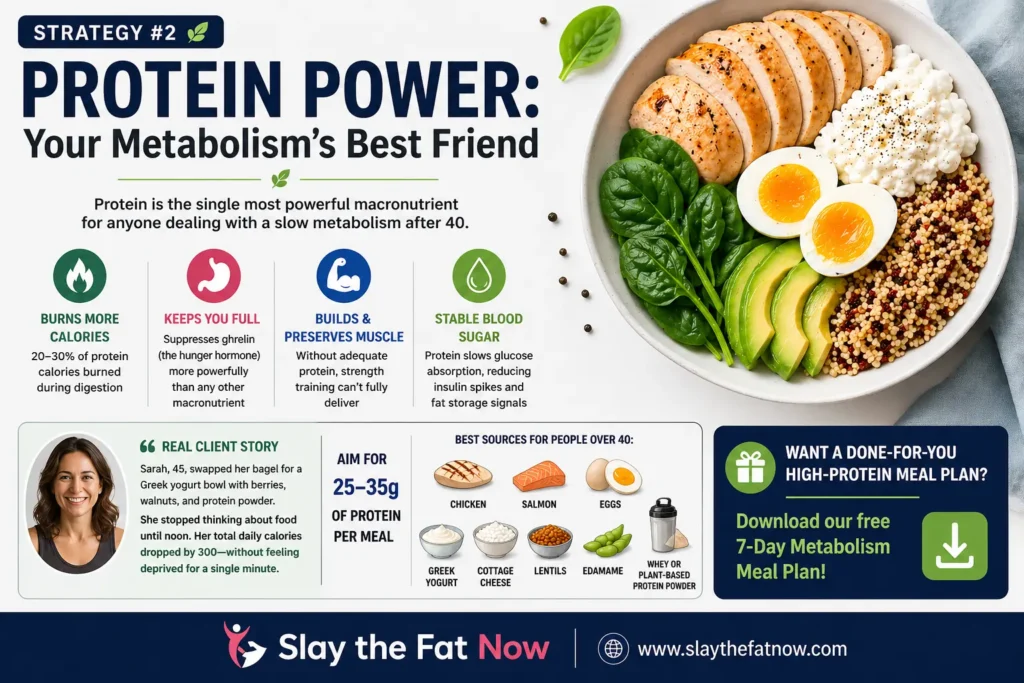 Protein Power for Faster Metabolism After 40 High protein diet infographic showing benefits for metabolism, muscle building, and fat loss after 40