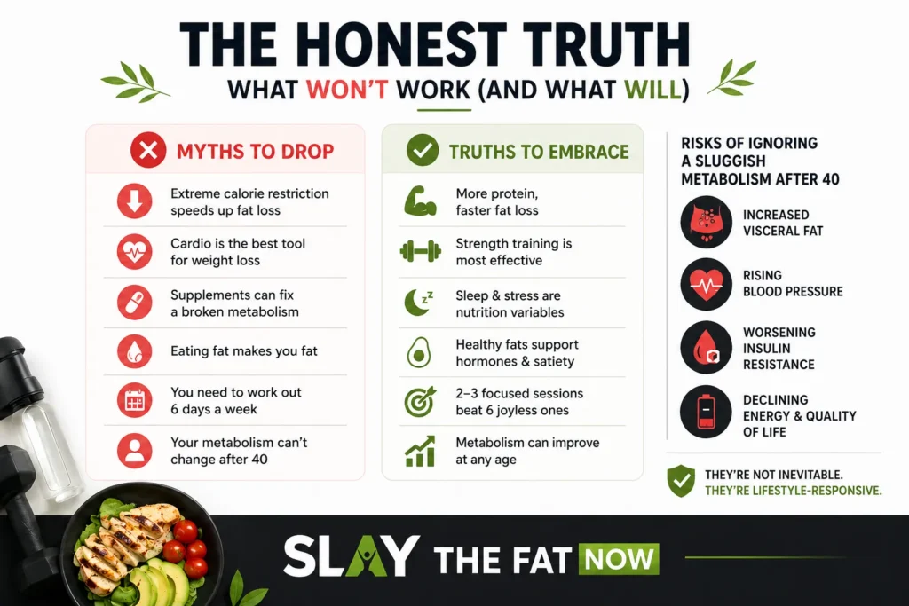 The Honest Truth About Fat Loss Metabolism myths vs truths infographic showing fat loss tips, strength training, and healthy lifestyle guidance