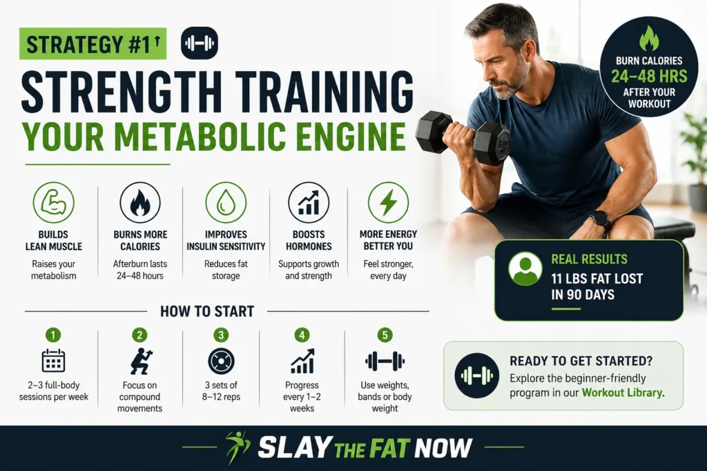 Strength Training for Metabolism After 40 Strength training infographic showing how to boost metabolism after 40 with simple workout steps