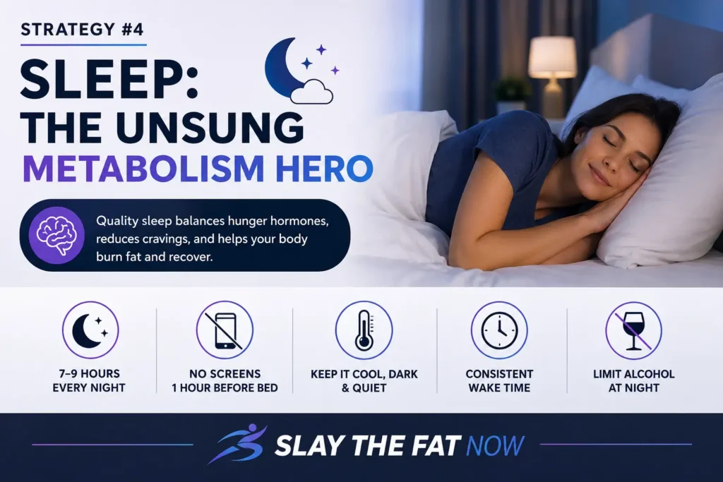 Sleep Strategy for Fat Loss Sleep strategy infographic showing how quality sleep improves metabolism and reduces cravings