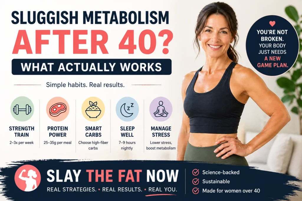 Sluggish metabolism after 40 infographic showing simple fitness and nutrition tips for weight loss
