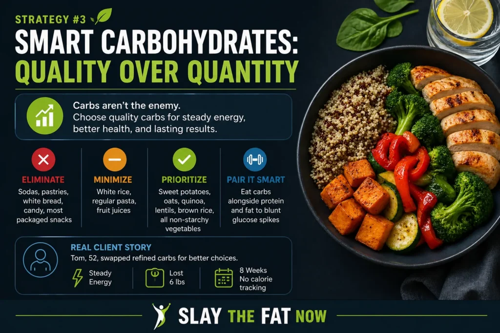 Smart Carbohydrates Strategy for Fat Loss Smart carbohydrates infographic showing healthy food bowl with tips on choosing better carbs for weight loss and steady energy