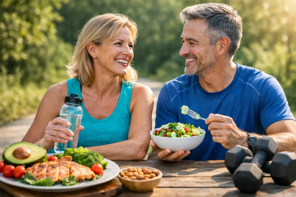 Healthy middle-aged couple enjoying clean eating and light fitness outdoors, representing sustainable weight loss after 40
