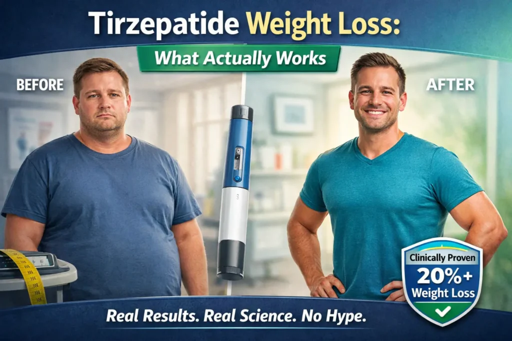 Tirzepatide weight loss before and after transformation showing results with dosage and fat loss progress