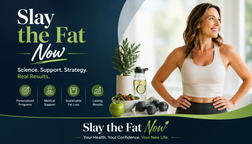 Sustainable Weight Loss for Busy Adults Slay the Fat Now weight loss program banner with healthy lifestyle, fitness, and nutrition elements