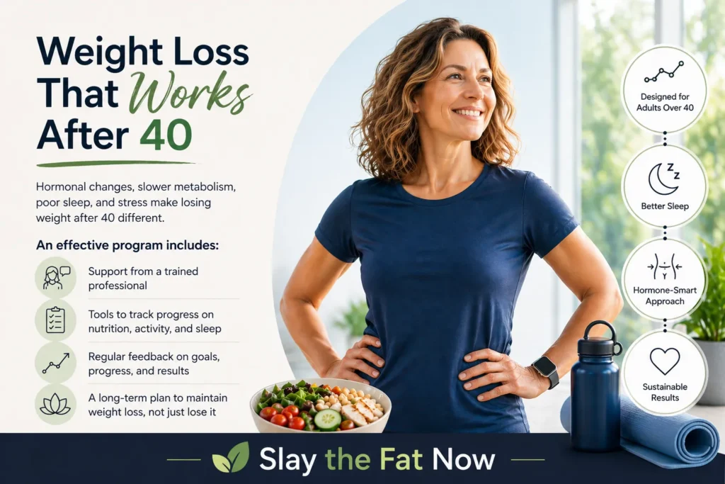 Weight Loss That Works After 40 Weight loss program for adults over 40 showing healthy lifestyle, nutrition, and fitness habits