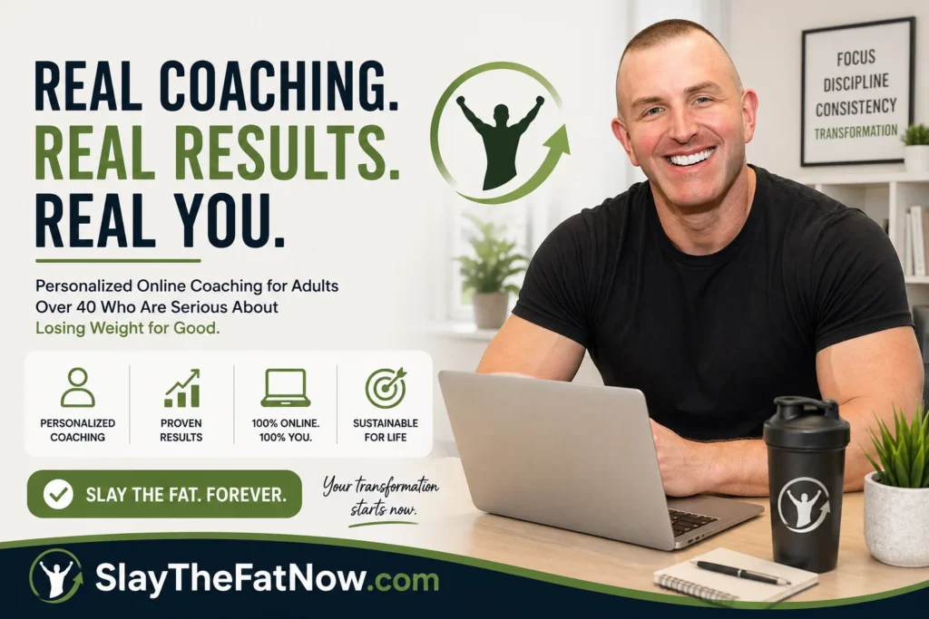 Online weight loss coaching banner for adults over 40 showing transformation and personalized fitness program