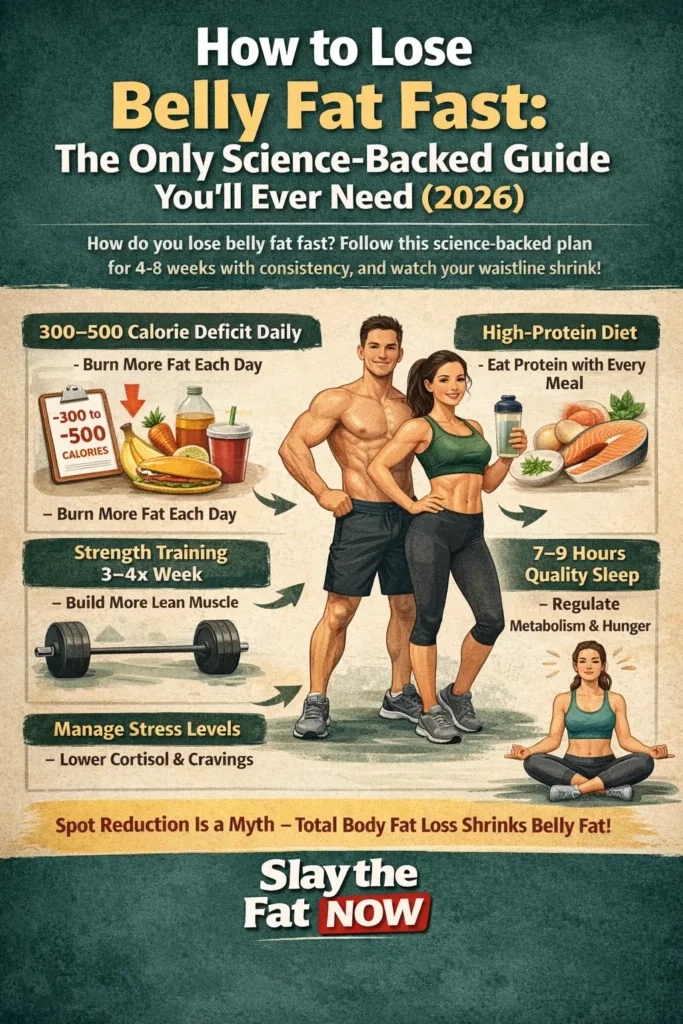 Infographic showing how to lose belly fat fast using calorie deficit, high protein diet, strength training, quality sleep, and stress management