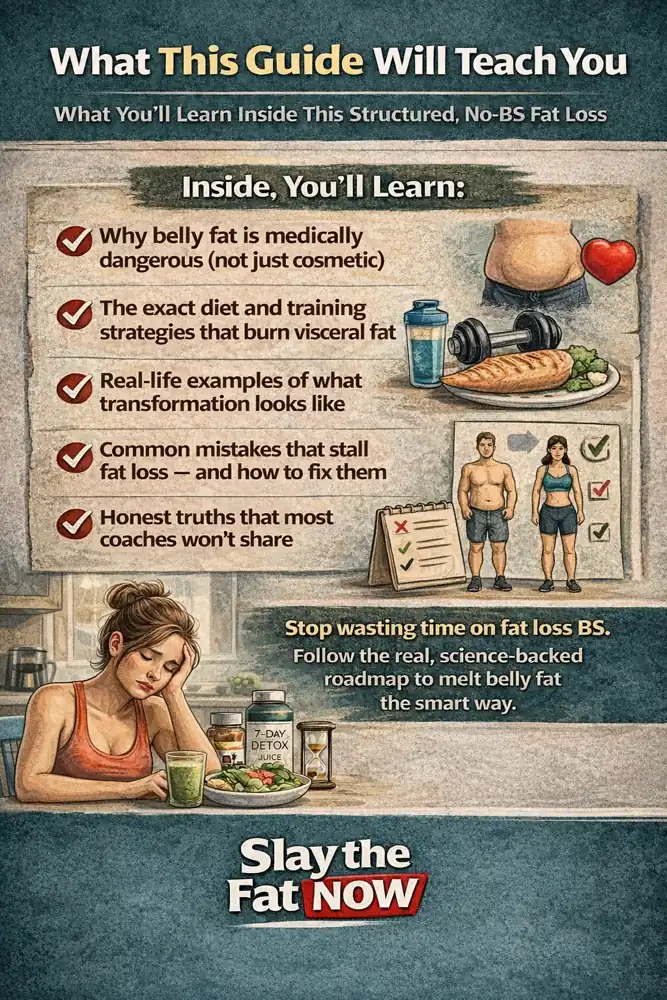 This Guide Will Teach You – The Ultimate Belly Fat Loss Roadmap (2026) Infographic explaining what a belly fat loss guide teaches including diet, training, mistakes to avoid, and science-based fat loss strategies.