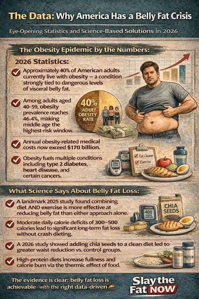 Belly Fat Crisis Infographic showing obesity statistics in America and science-based strategies for reducing belly fat including diet, exercise, and calorie deficit