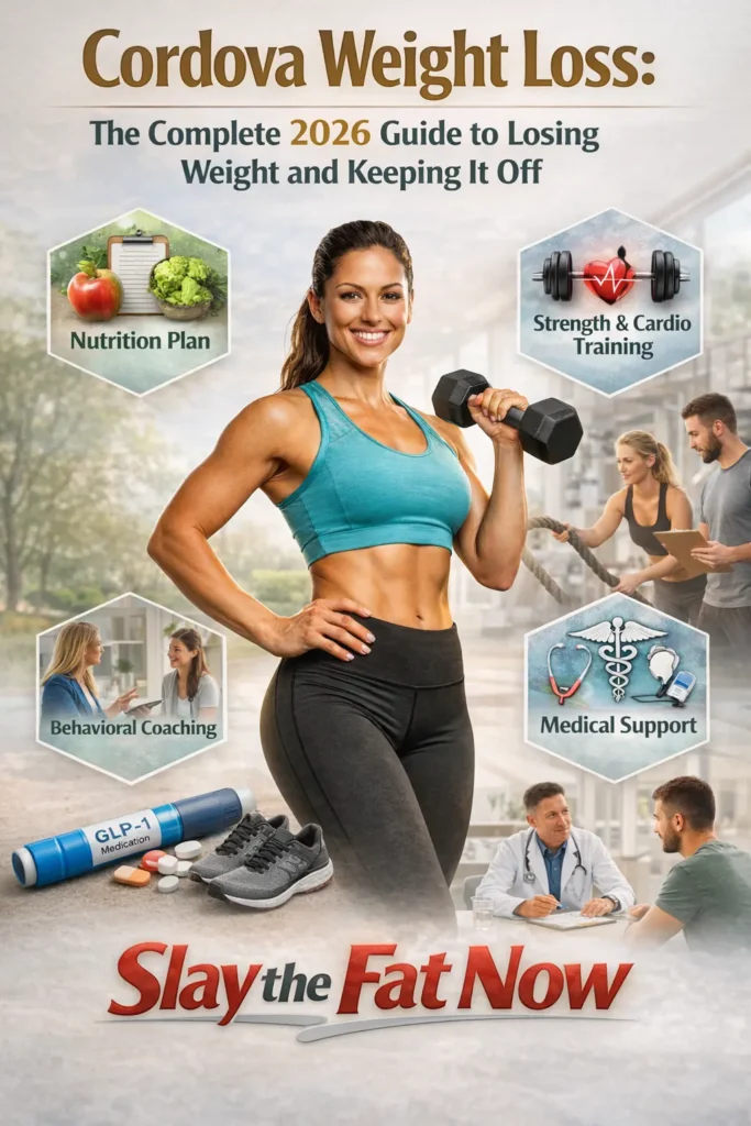 Cordova weight loss 2026 guide showing fitness training, healthy nutrition, behavioral coaching, and medical support for sustainable fat loss