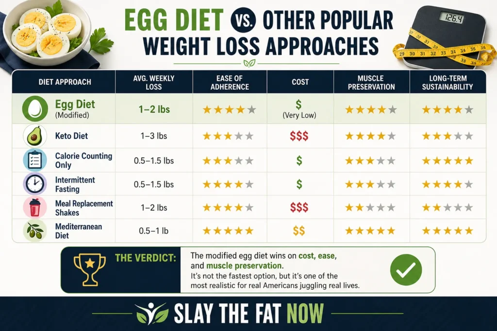 Egg Diet vs Popular Weight Loss Methods – Simple Comparison Guide Egg diet vs other weight loss approaches comparison chart showing cost, ease, muscle preservation and sustainability