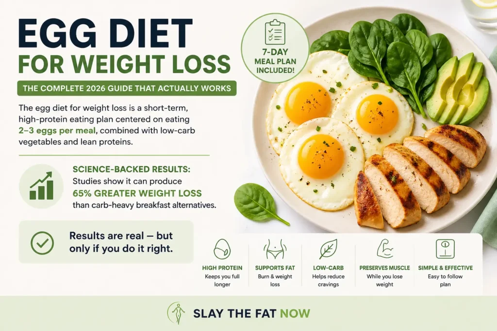 Egg diet for weight loss infographic showing high protein low carb meal with eggs, avocado and chicken