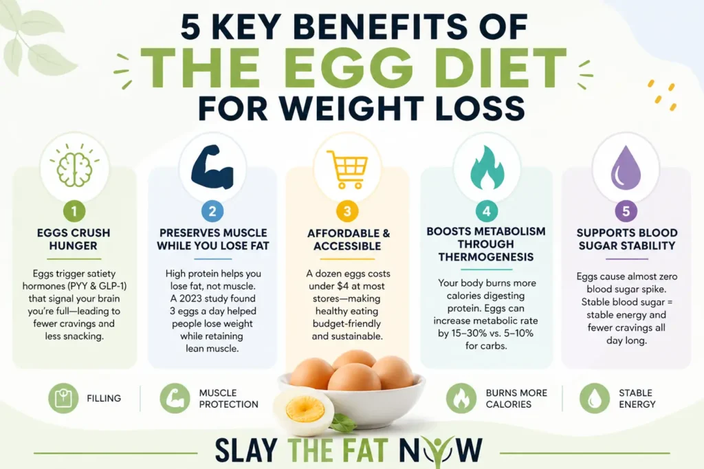 5 Key Benefits of the Egg Diet for Weight Loss Egg diet for weight loss infographic showing 5 key benefits including hunger control, muscle preservation, metabolism boost, affordability, and blood sugar stability