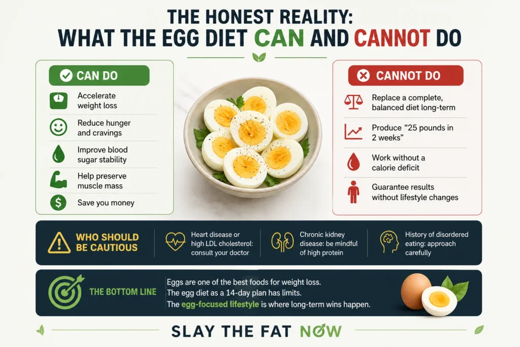 egg_diet_infographic (3) Egg diet infographic showing what it can and cannot do for weight loss with key benefits and limitations