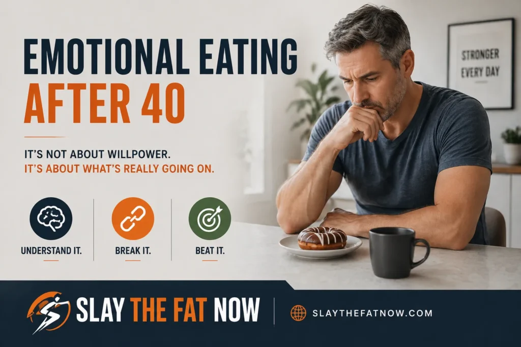 Emotional Eating After 40 Emotional eating after 40 concept showing a man thinking about eating a donut with minimal design