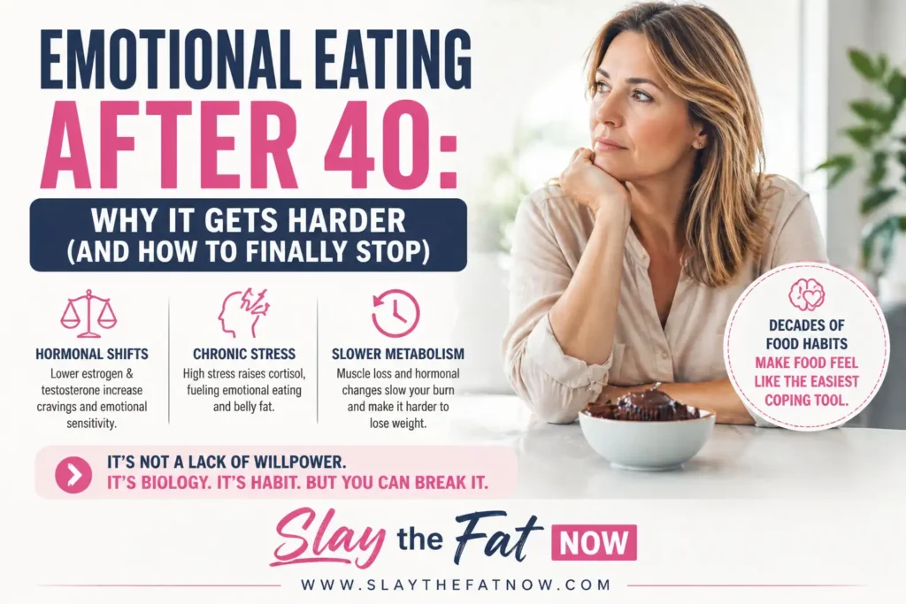 Emotional eating after 40 infographic showing hormonal changes, stress, and metabolism with woman thinking about food