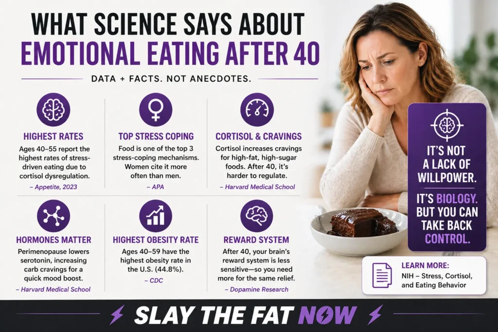 What Science Says About Emotional Eating After 40 Emotional eating after 40 infographic showing stress, hormones, and cravings