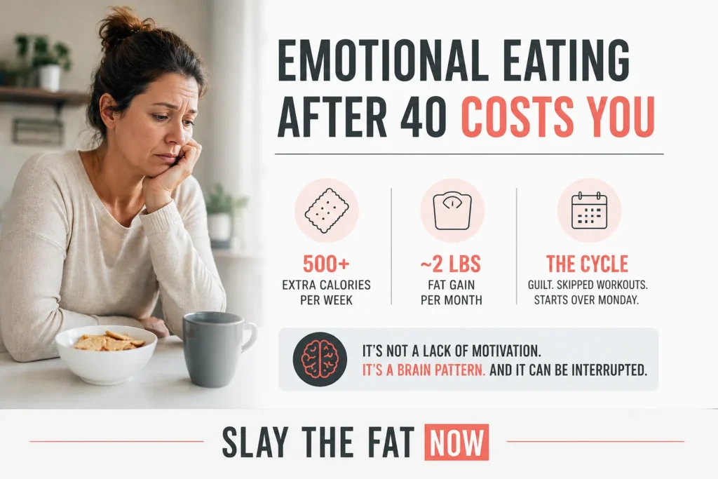 Emotional Eating After 40 – Hidden Costs and Weight Gain Cycle Emotional eating after 40 infographic showing stress eating, extra calories, and weight gain cycle