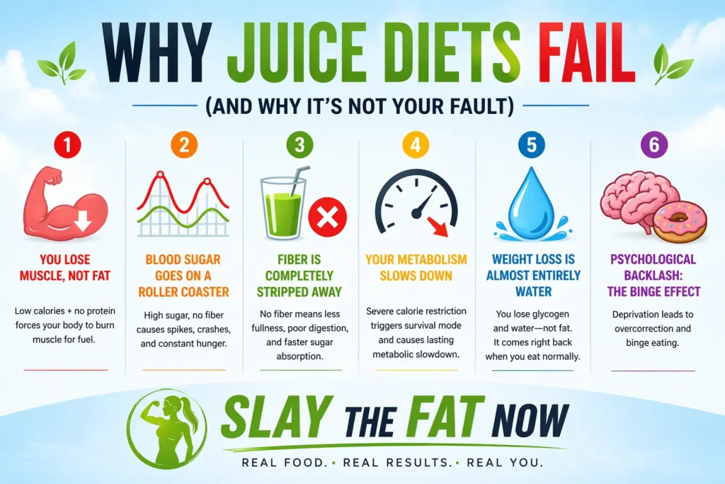 Why Juice Diets Fail (Simple Infographic Guide 2026) Why juice diets fail infographic showing muscle loss, sugar spikes, metabolism slowdown and binge eating effects