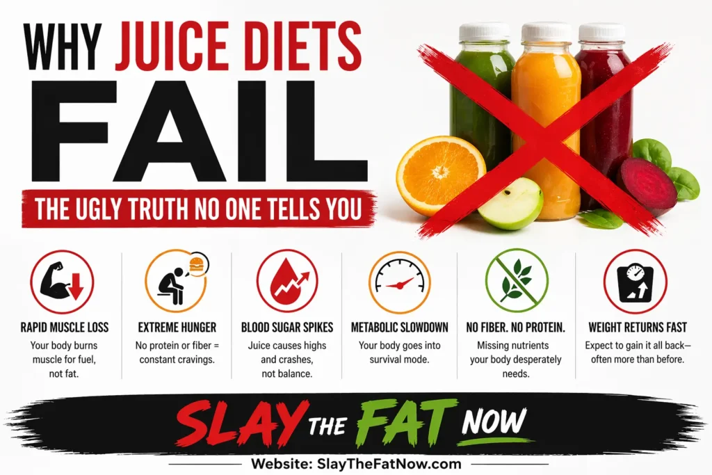 Why juice diets fail infographic showing muscle loss, hunger, blood sugar spikes, and weight regain