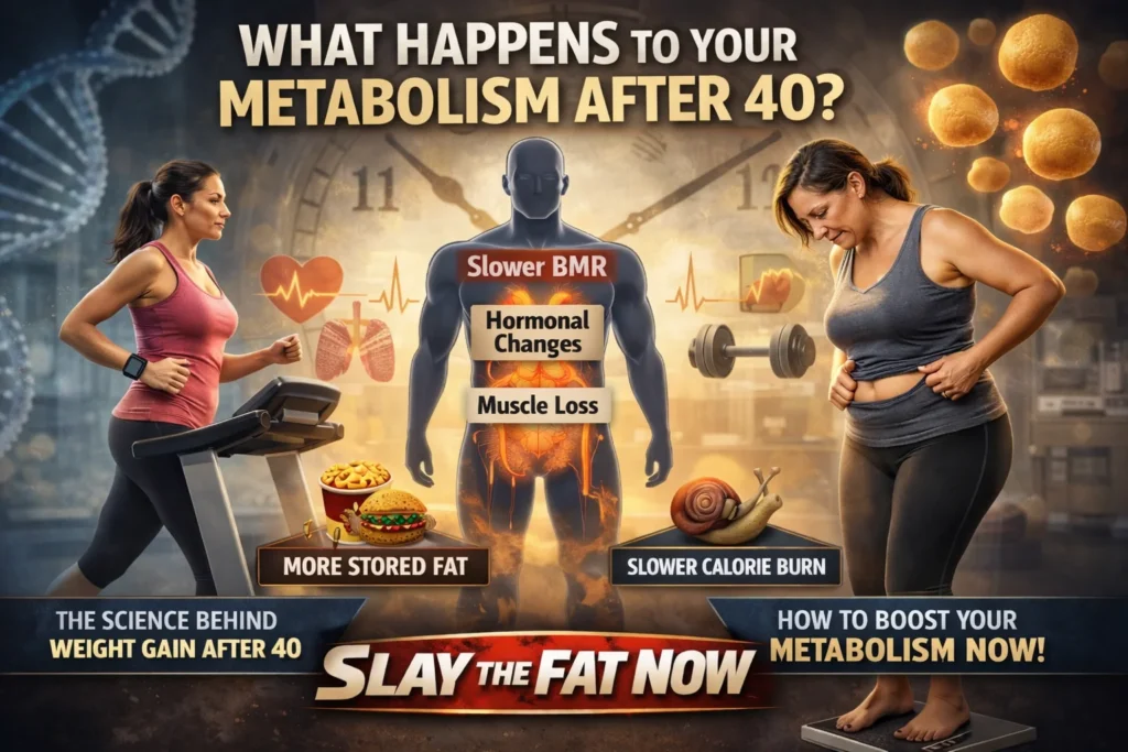 Metabolism After 40: What Really Happens to Your Body | Slay The Fat Now Metabolism changes after 40 showing muscle loss hormonal changes and slower calorie burn with fitness and weight gain comparison