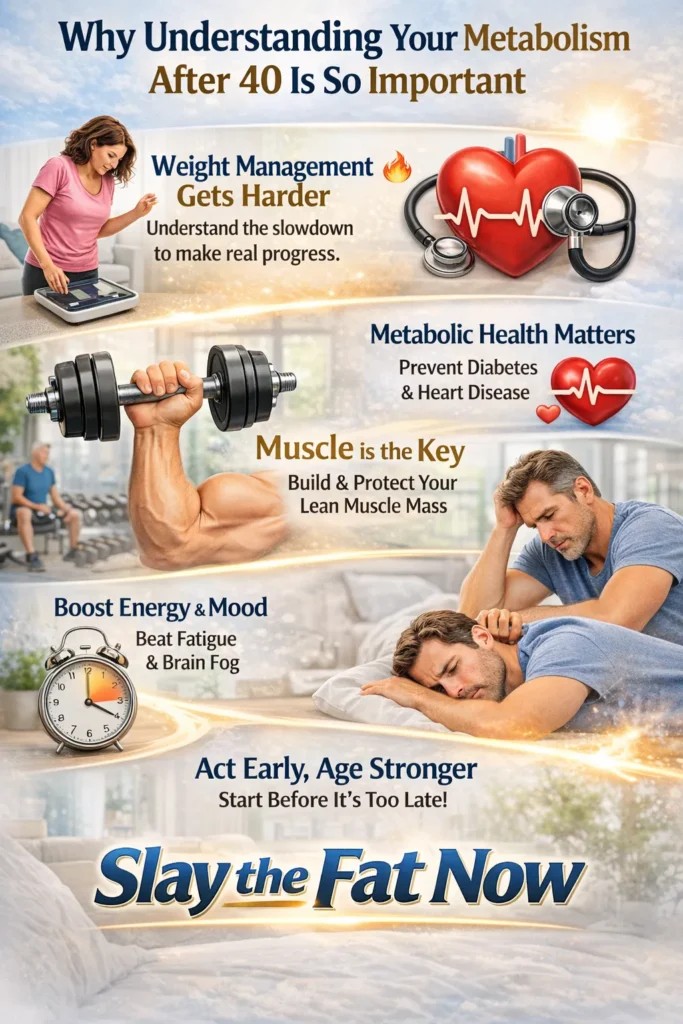 Metabolism After 40: Why It Matters for Weight Loss and Health Infographic explaining why metabolism slows after age 40, highlighting weight gain, muscle loss, energy decline, and health risks
