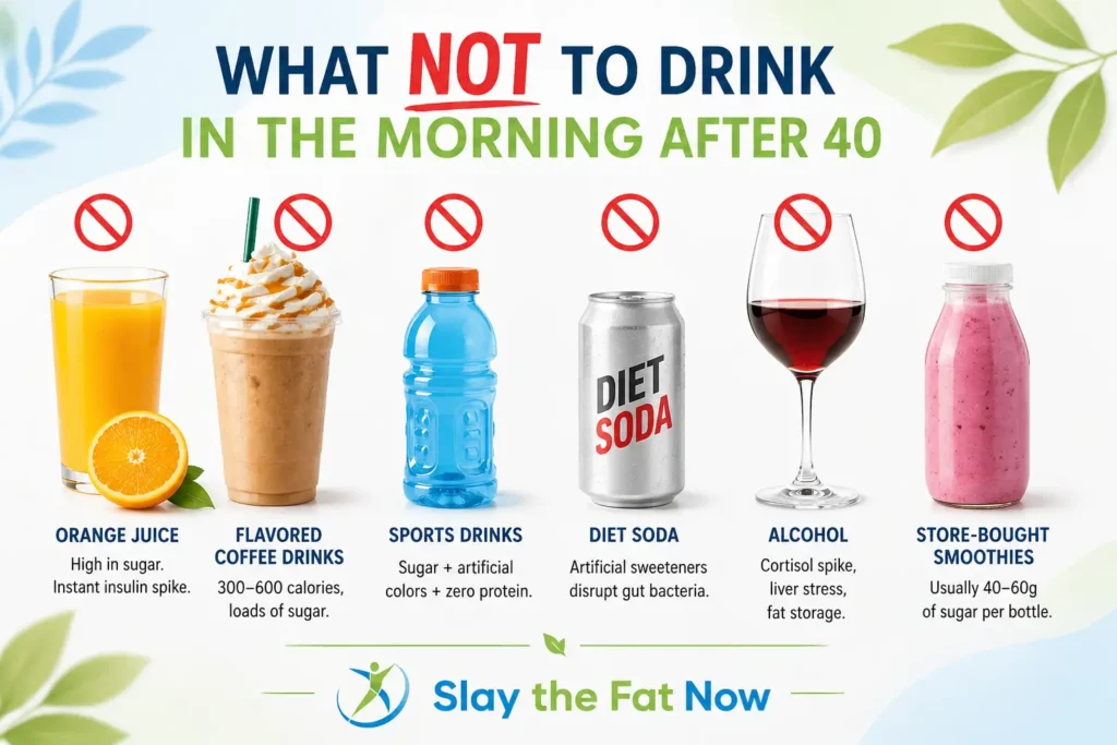What NOT to Drink in the Morning After 40 What not to drink in the morning after 40 including orange juice, flavored coffee, sports drinks, diet soda, alcohol and store-bought smoothies