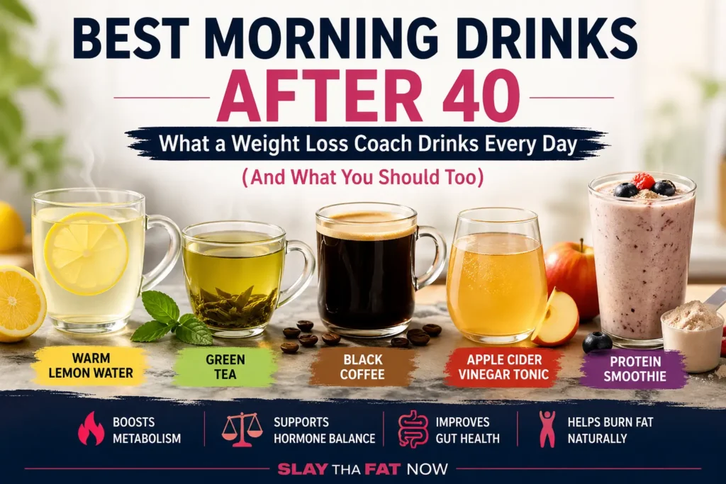 Best morning drinks after 40 including lemon water, green tea, black coffee, apple cider vinegar, and protein smoothie for weight loss