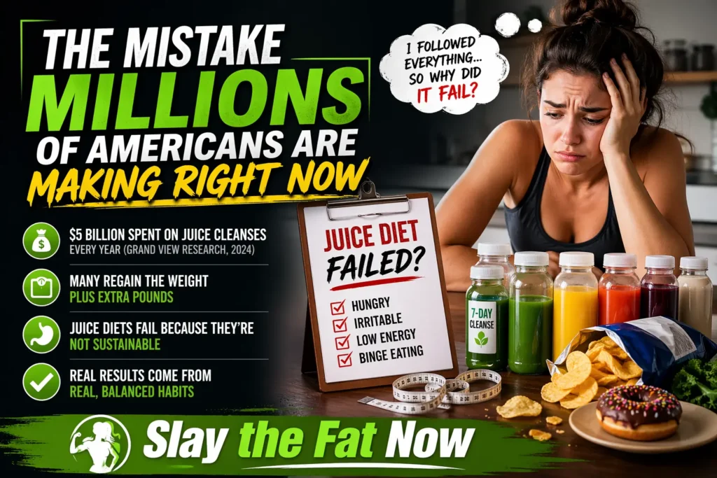 The Mistake Millions Make with Juice Diets Woman struggling with juice diet failure surrounded by detox juices and junk food, highlighting why juice cleanses don’t work