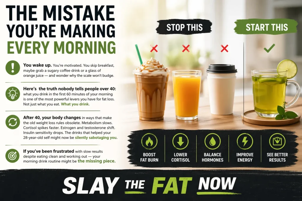 Morning Fat Loss Mistake Morning fat loss mistake illustration showing sugary drinks vs healthy green tea for better metabolism and weight loss after 40
