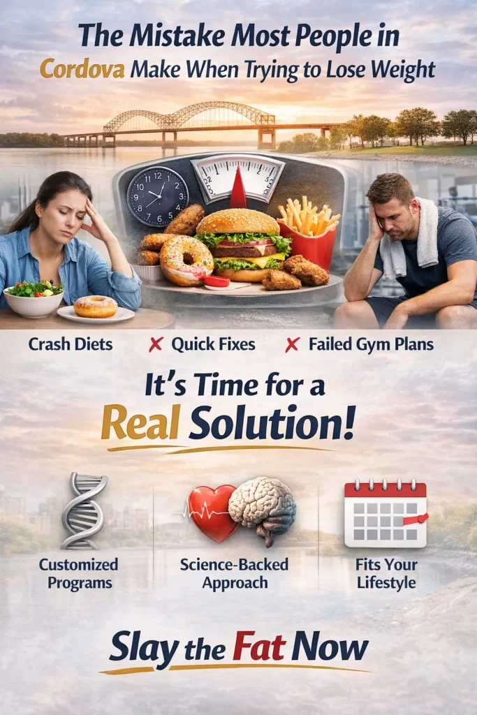 Cordova Weight Loss Mistakes – Real Solution Guide | Slay the Fat Now Cordova weight loss mistakes illustration showing crash diets, fast food, and fitness struggles with a science-based solution approach