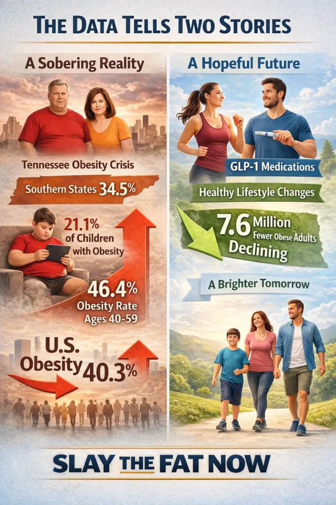 Slay The Fat Now – Obesity Crisis vs Hopeful Future Infographic Infographic comparing U.S. obesity statistics with a hopeful future through healthy lifestyle changes and GLP-1 medications