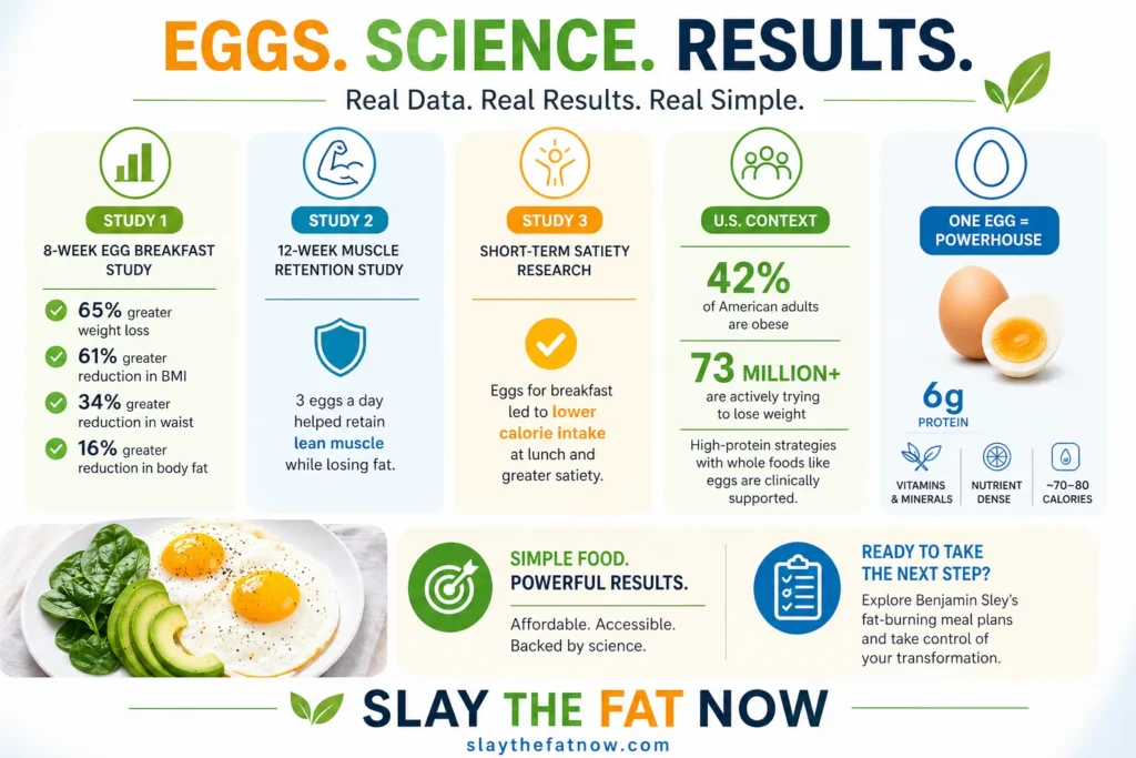 Egg Diet Science Results for Weight Loss Egg diet science infographic showing weight loss benefits, studies, and nutrition facts