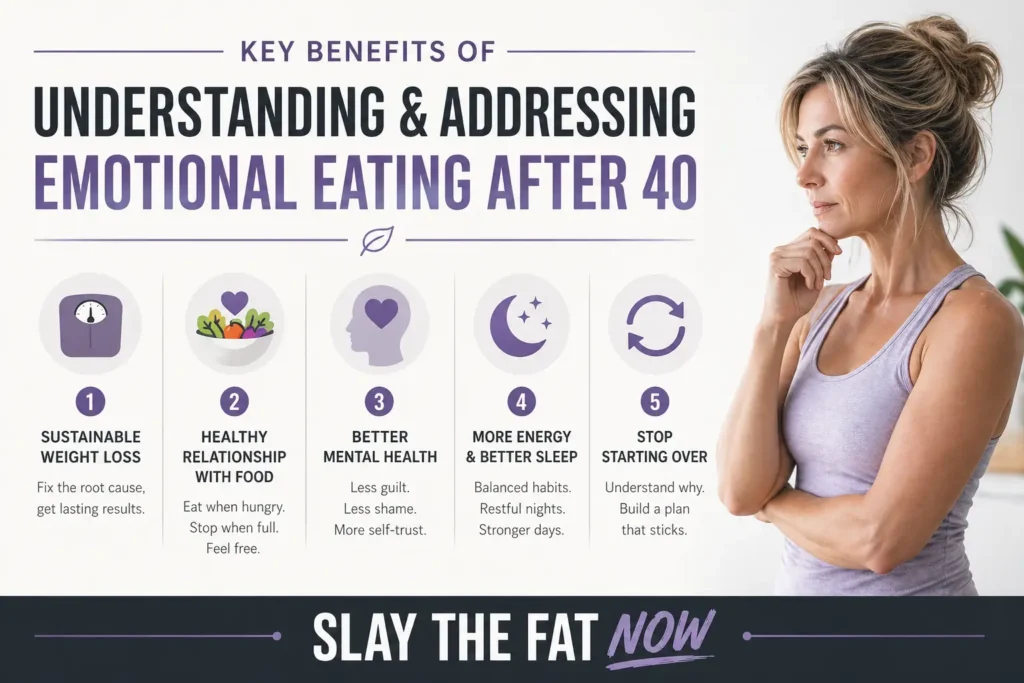Key Benefits of Understanding Emotional Eating After 40 Emotional eating after 40 benefits infographic showing weight loss, better mental health, improved sleep and healthier relationship with food