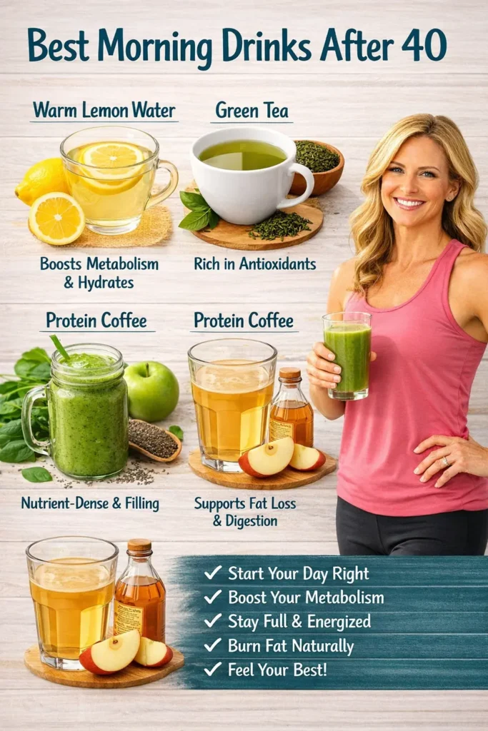 Healthy morning drinks after 40 including lemon water, green tea, protein coffee, green smoothie, and apple cider vinegar for weight loss and metabolism boost