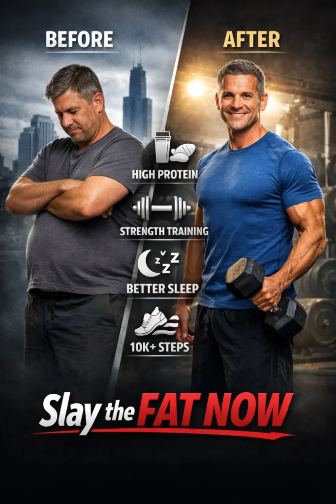 Metabolic Reset Transformation After 40 | Slay the Fat Now Before and after transformation of a 46-year-old man showing fat loss and muscle gain through protein intake, strength training, better sleep, and daily steps