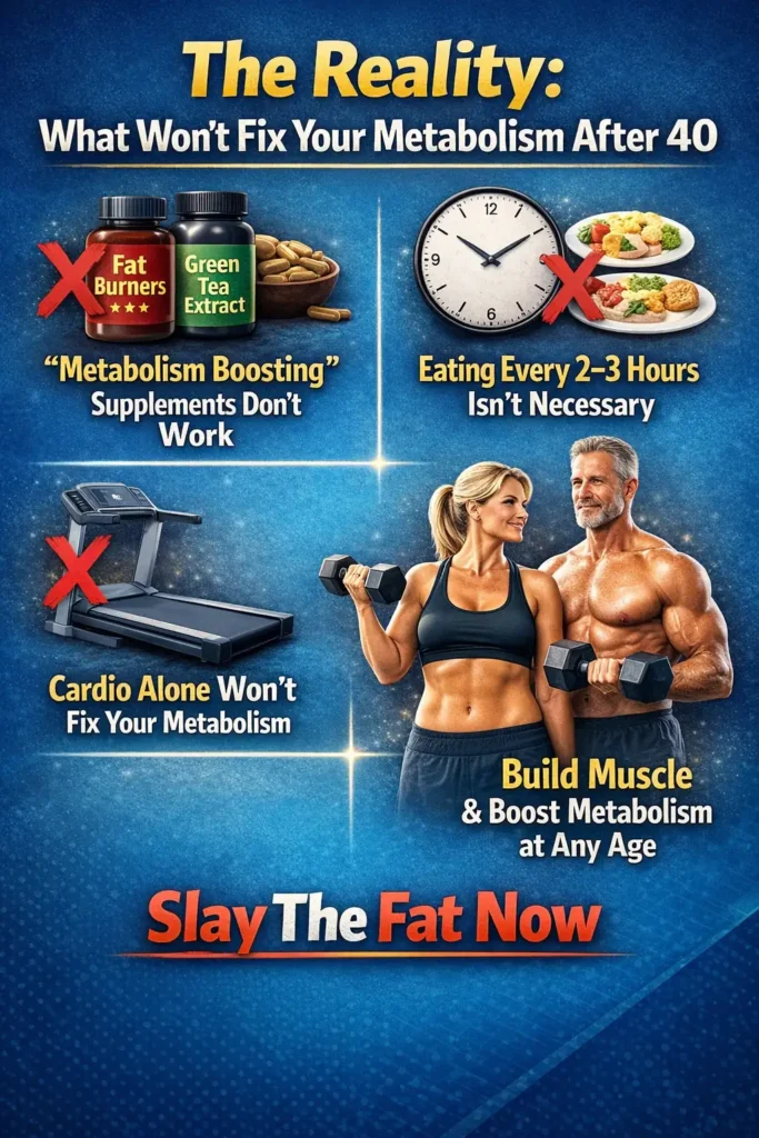 Metabolism After 40 Myths Debunked Infographic showing myths about metabolism after 40 including supplements, frequent meals, and cardio, with emphasis on muscle building for metabolic health