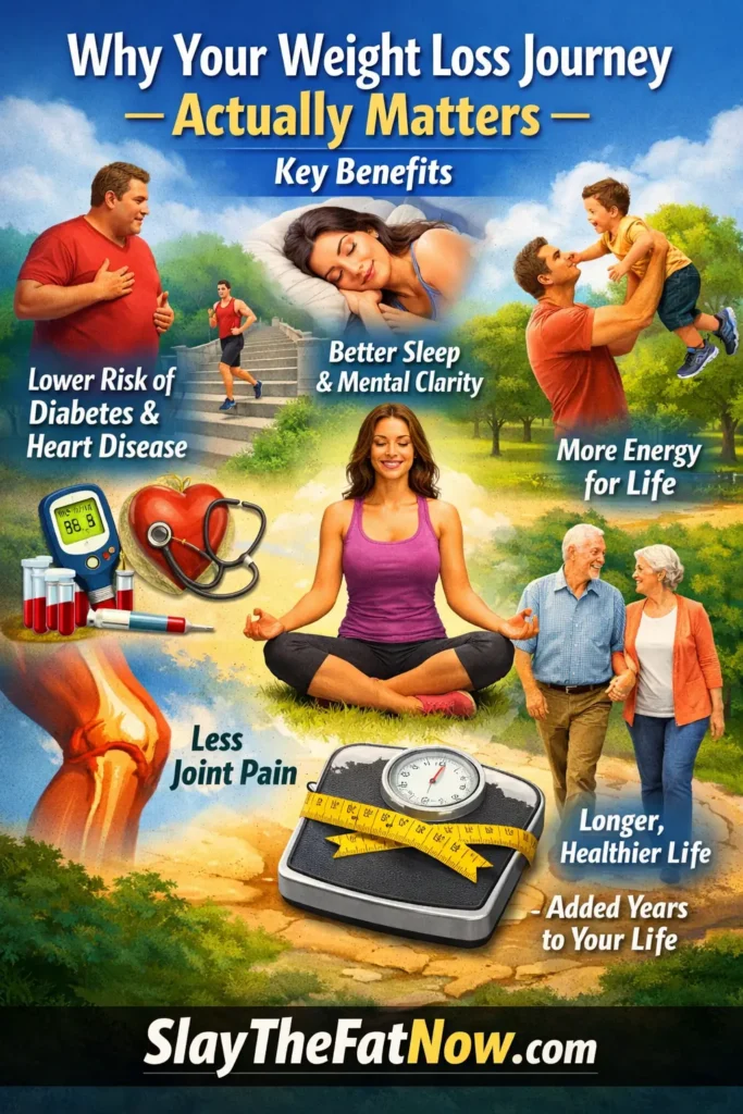 Why Your Weight Loss Journey Matters – Key Benefits | Slay The Fat Now Infographic showing key benefits of weight loss such as improved health, better sleep, more energy, reduced joint pain, and longer life with SlayTheFatNow branding
