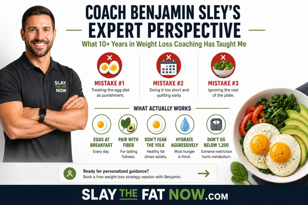 Egg Diet Weight Loss Tips by Coach Benjamin Sley High protein egg diet infographic with weight loss tips by Coach Benjamin Sley and Slay The Fat Now branding