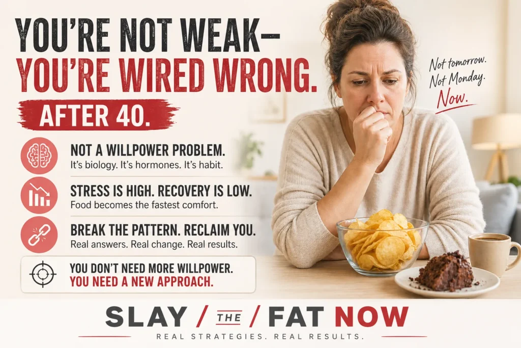You're Not Weak — You're Wired Wrong After 40 Emotional eating after 40 woman stressed with snacks message you're not weak you're wired wrong Slay The Fat Now