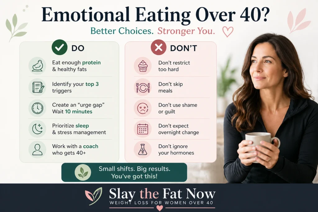 Emotional Eating Over 40 – Simple Do & Don’t Guide Emotional eating over 40 infographic with do and don’t tips and confident middle-aged woman