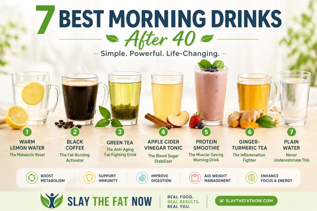 7 Best Morning Drinks After 40 for Weight Loss 7 best morning drinks after 40 including lemon water, coffee, green tea, apple cider vinegar, smoothie, ginger turmeric tea and water