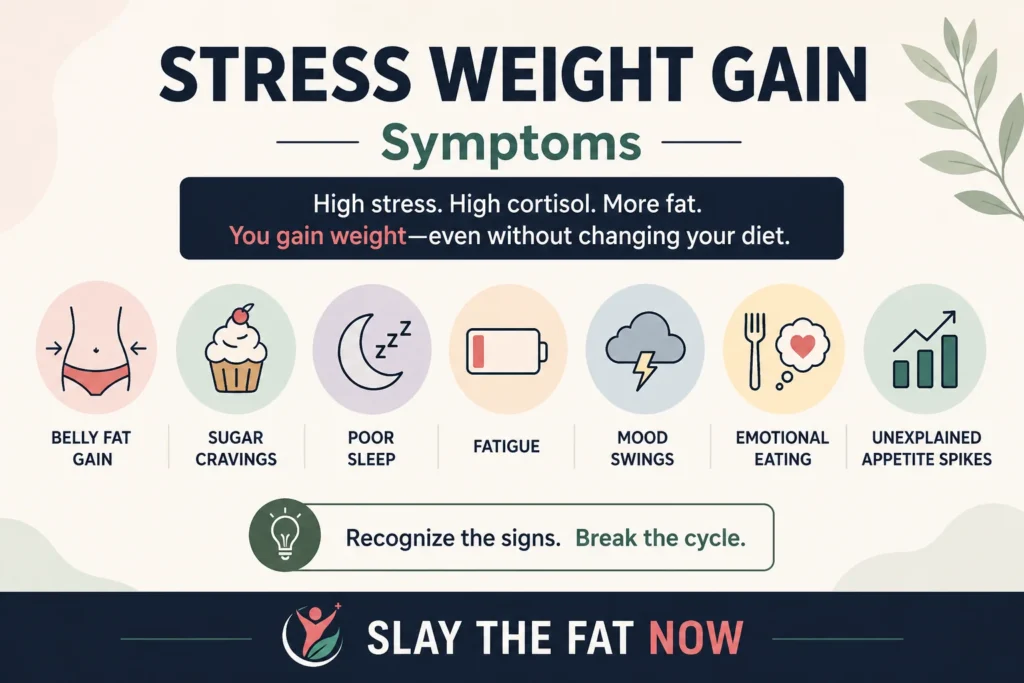 Stress weight gain symptoms infographic showing belly fat, cravings, poor sleep, and fatigue