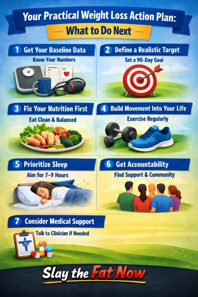 Practical Weight Loss Action Plan Weight loss action plan infographic with 7 steps including nutrition, exercise, sleep, and accountability by Slay the Fat Now