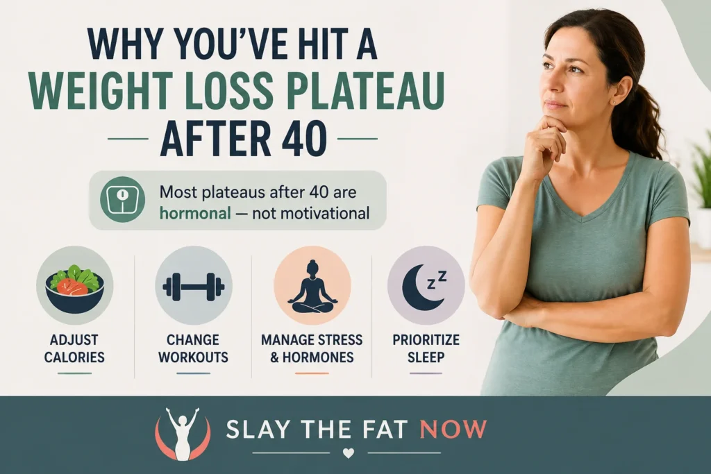 Weight loss plateau after 40 infographic with tips on calories, workouts, hormones, and sleep
