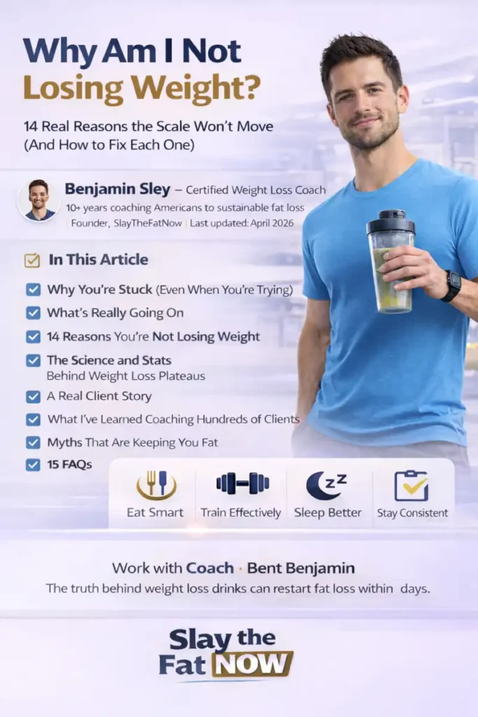 Man holding protein shake representing weight loss struggles and solutions with fitness infographic about why weight loss is not happening