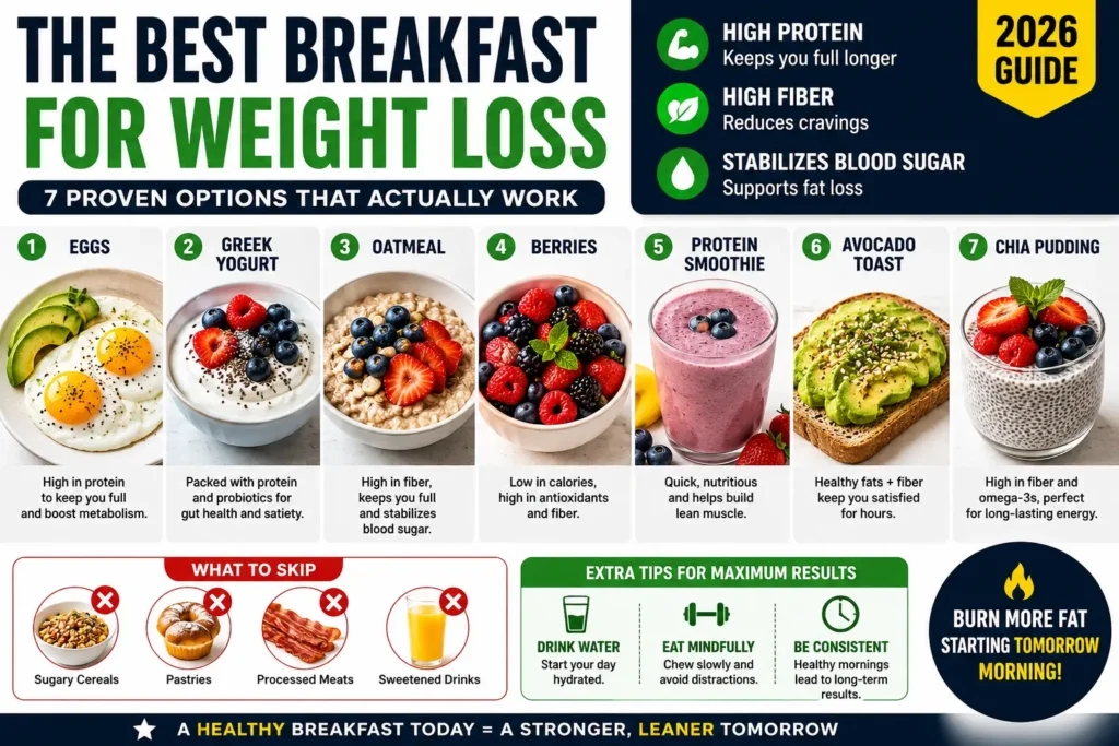 Best breakfast for weight loss infographic showing healthy foods like eggs, oatmeal, Greek yogurt, berries, smoothies, avocado toast, and chia pudding for fat loss in 2026.