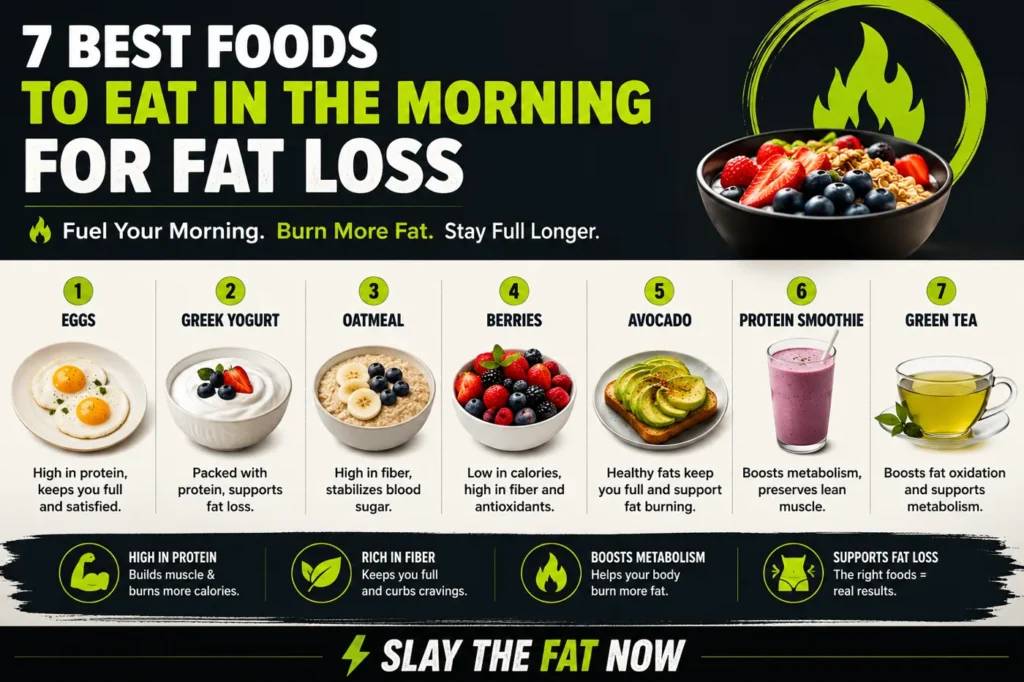 Best foods to eat in the morning for fat loss infographic featuring eggs, Greek yogurt, oatmeal, berries, avocado, protein smoothie, and green tea.